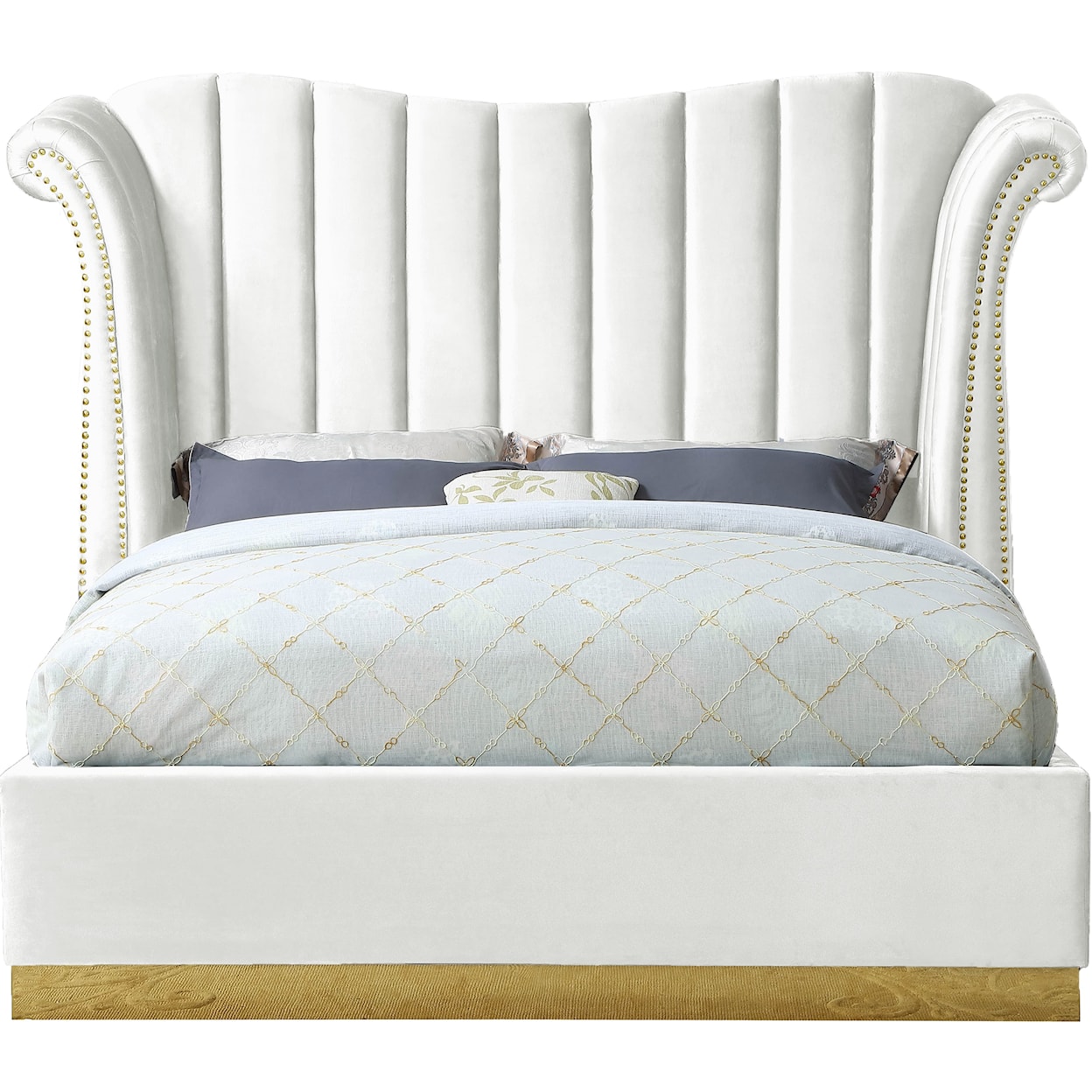 Meridian Furniture Flora Upholstered White Velvet Queen Bed 
