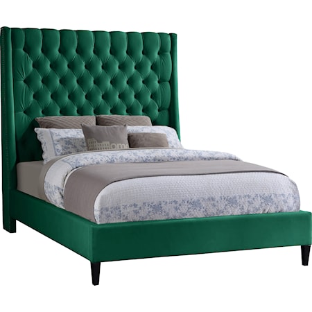 Contemporary Upholstered Green Velvet King Bed with Tufting