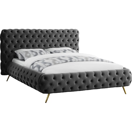 Contemporary Upholstered Grey Velvet Queen Bed with Tufting
