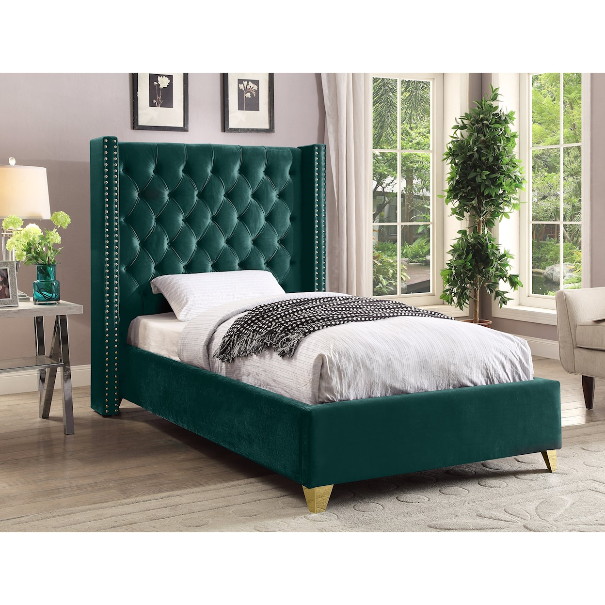 Meridian Furniture Barolo Upholstered Green Velvet Twin Bed