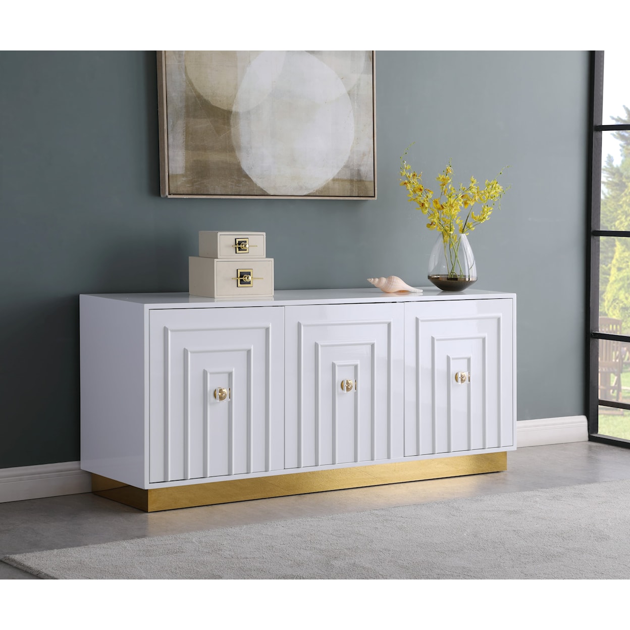 Meridian Furniture Cosmopolitan White Lacquer Sideboard with Gold Base