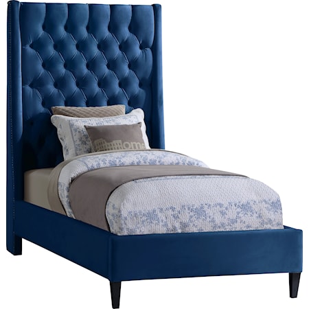 Contemporary Upholstered Navy Velvet Twin Bed with Tufting