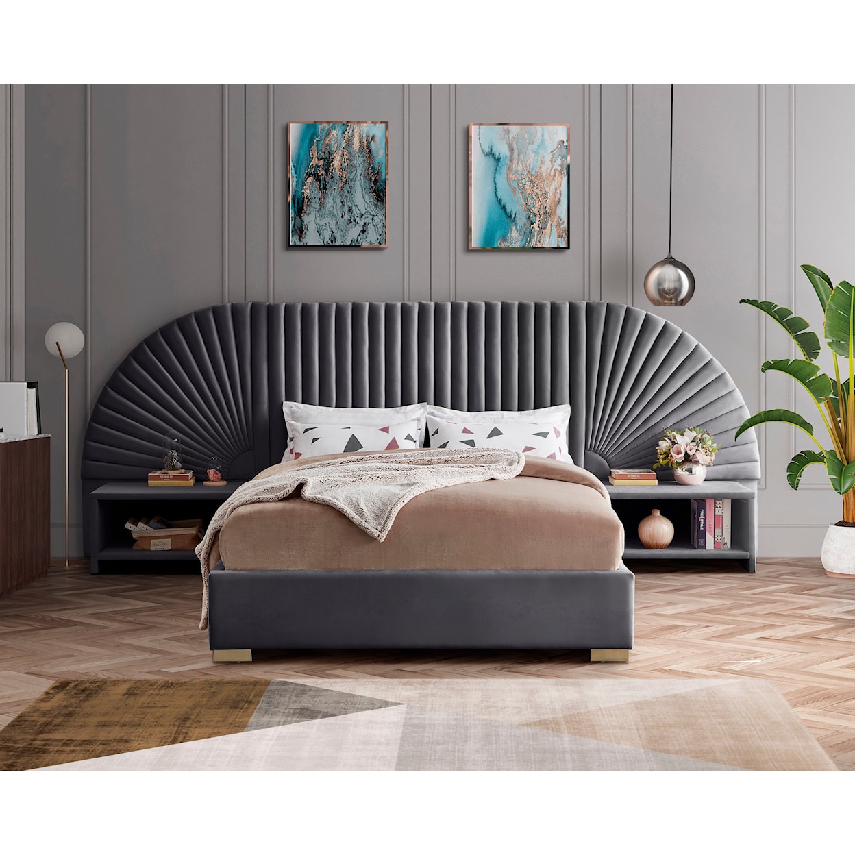 Meridian Furniture Cleo Upholstered Grey Velvet King Bed
