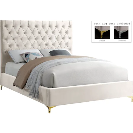 Contemporary Cream Velvet Upholstered Queen Bed with Tufted Headboard