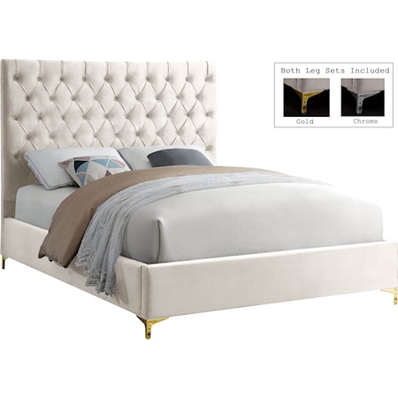 Contemporary Cream Velvet Upholstered King Bed with Tufted Headboard