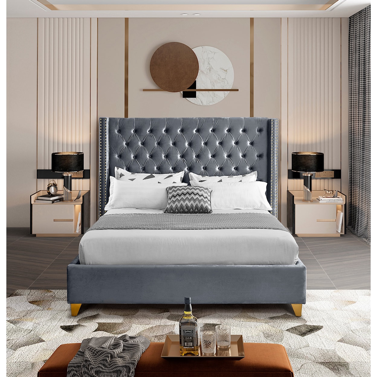 Meridian Furniture Barolo Upholstered Grey Velvet King Bed
