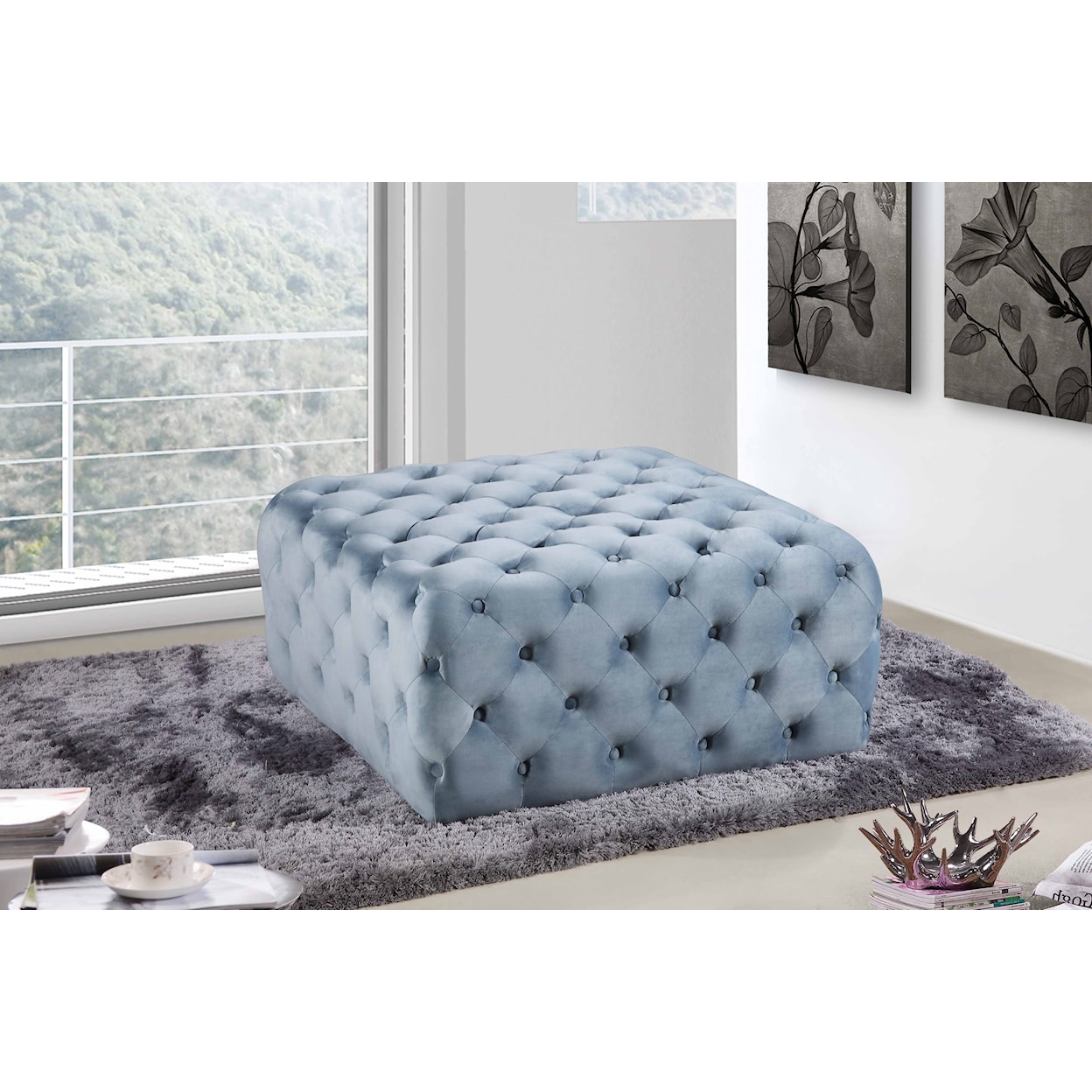 Meridian Furniture Ariel Sky Blue Velvet Accent Ottoman with Tufting