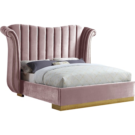 Contemporary Upholstered Pink Velvet Queen Bed with Channel-Tufting