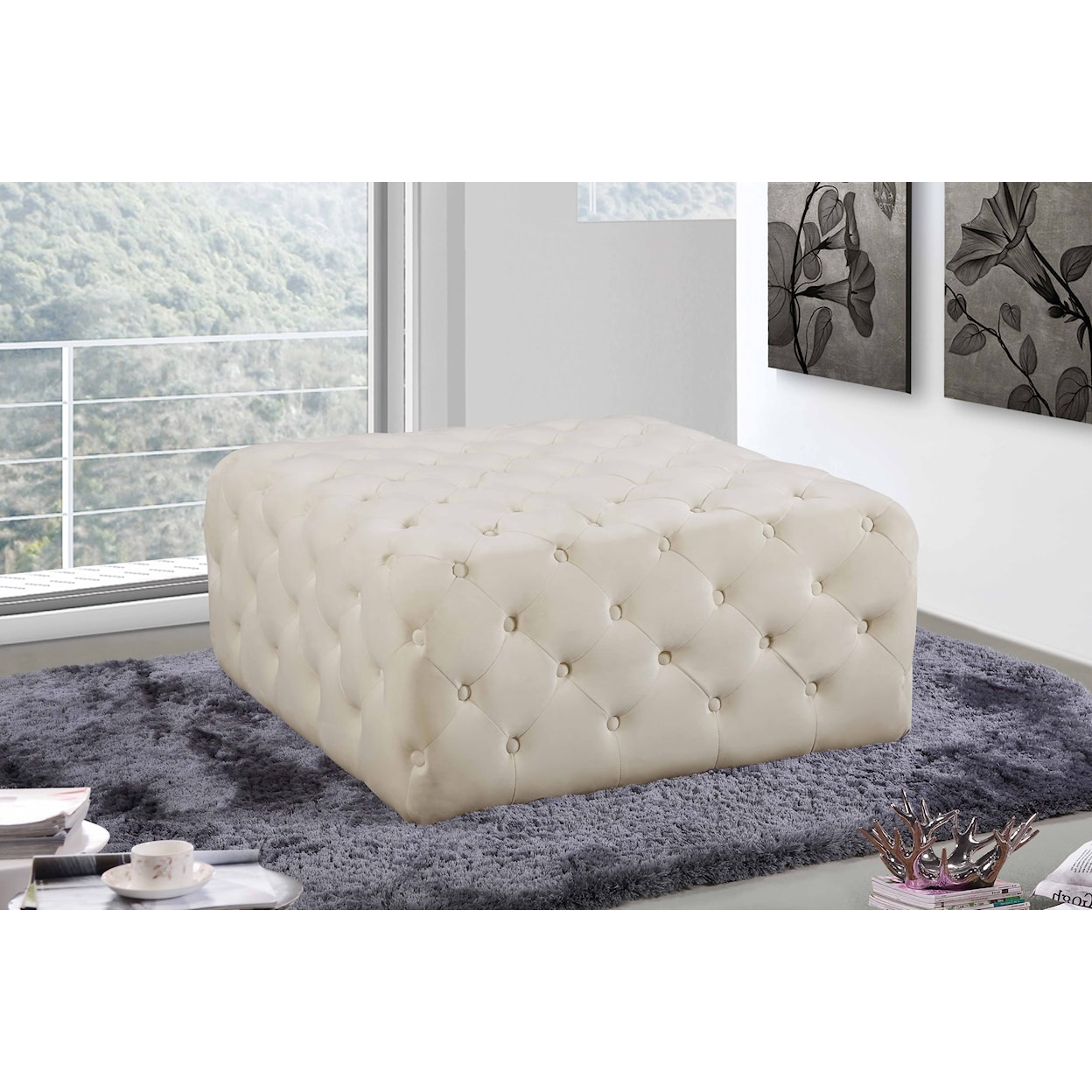 Meridian Furniture Ariel Cream Velvet Accent Ottoman with Tufting