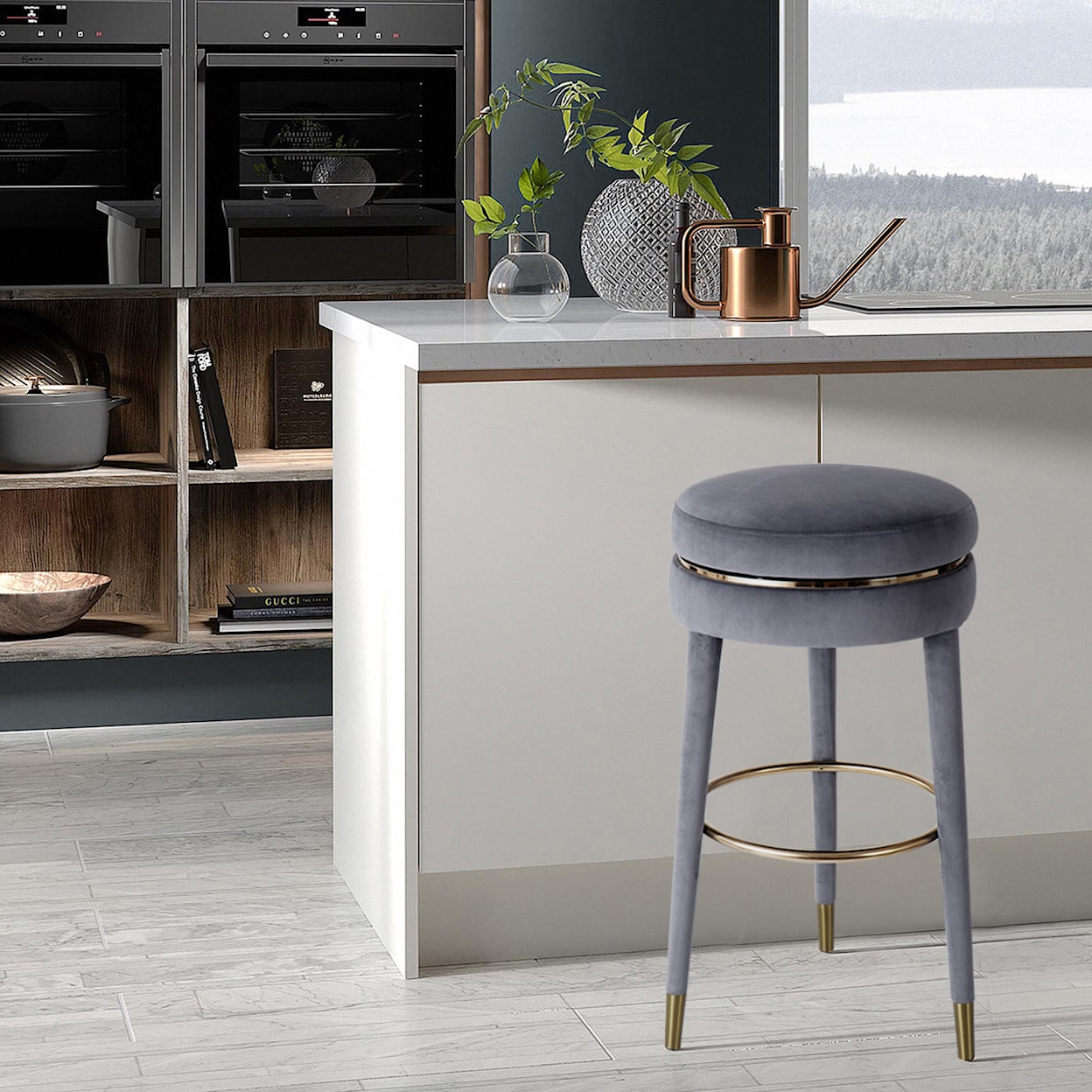 Meridian Furniture Coral Upholstered Grey Velvet Swivel Counter Stool