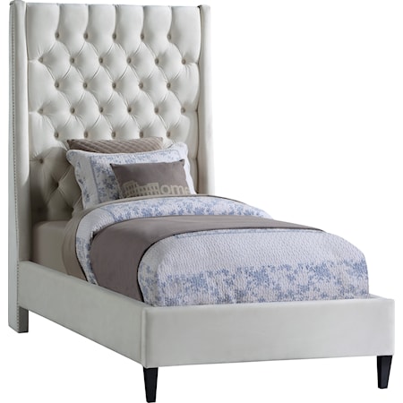 Contemporary Upholstered Cream Velvet Twin Bed with Tufting