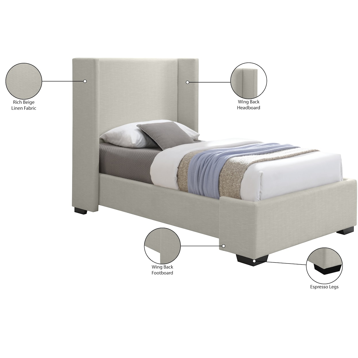 Meridian Furniture Oxford Twin Bed (3 Boxes)