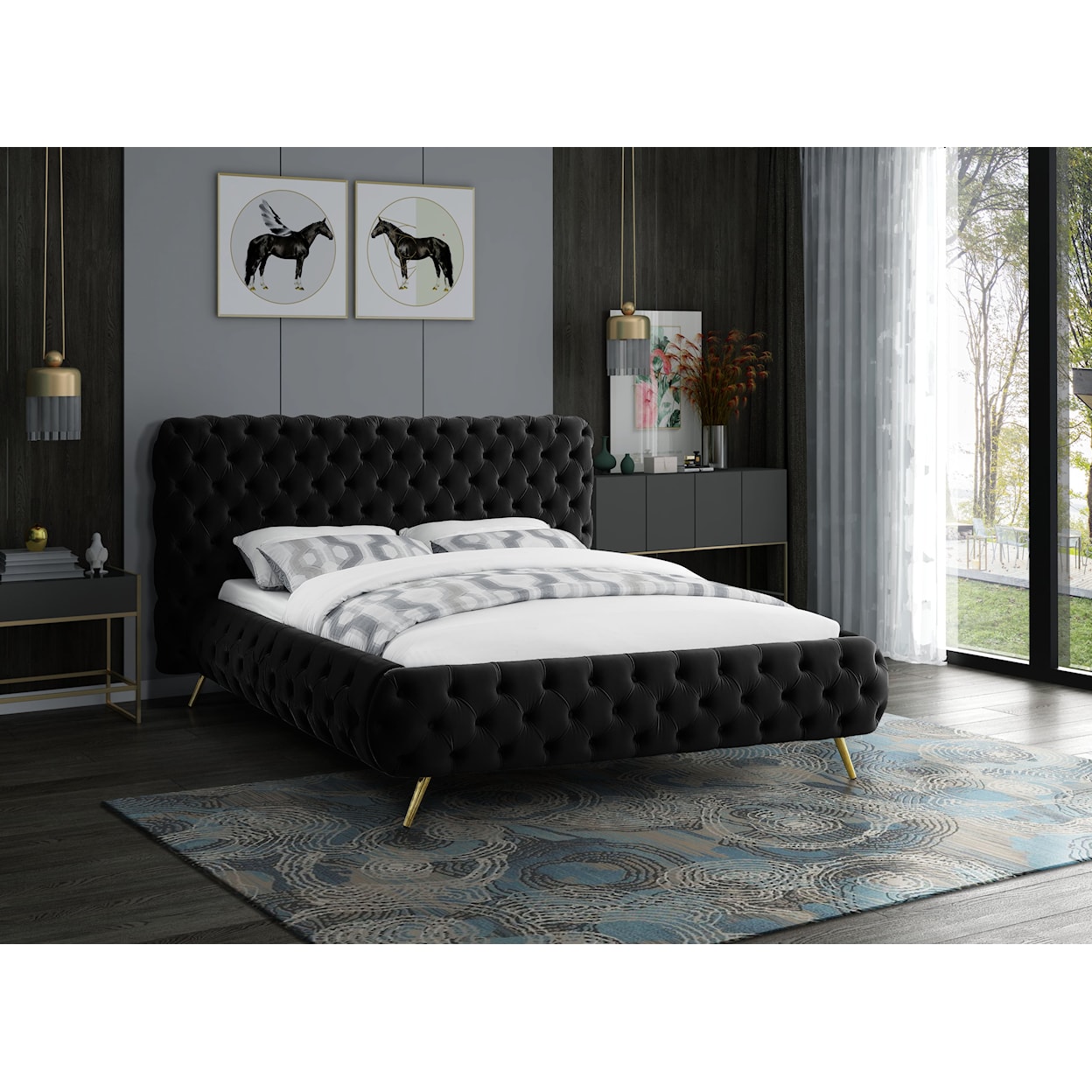 Meridian Furniture Delano Upholstered Black Velvet Queen Bed