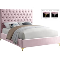 Contemporary Pink Velvet Upholstered Full Bed with Tufted Headboard