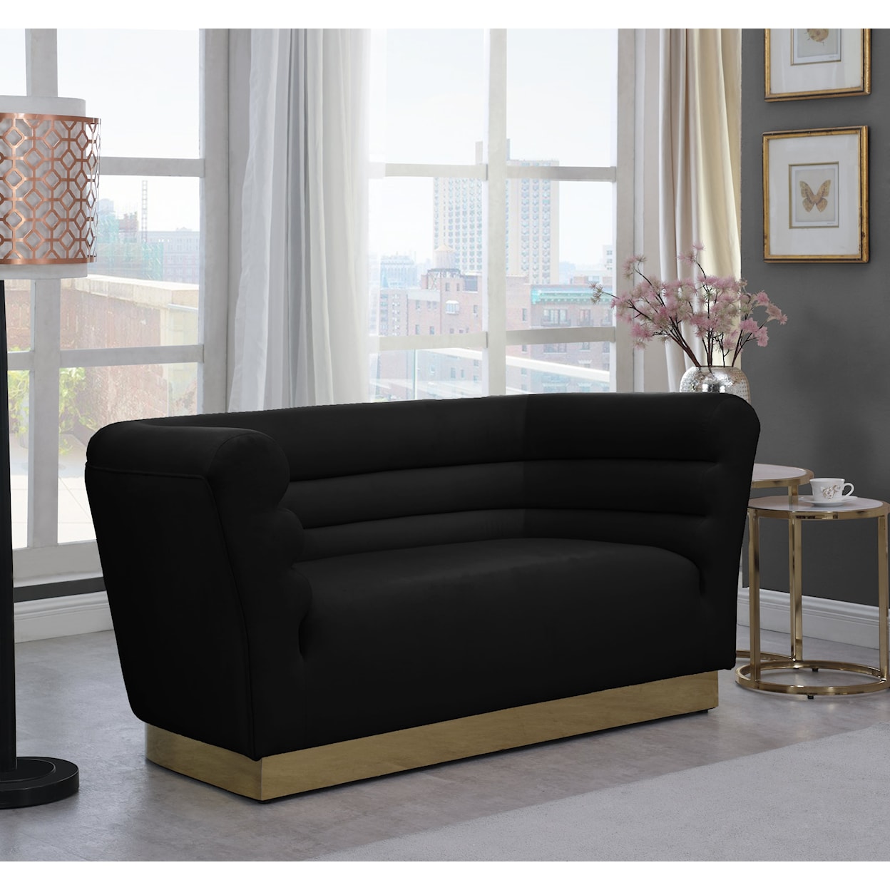 Meridian Furniture Bellini Black Velvet Loveseat with Gold Steel Base