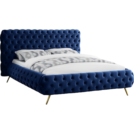 Contemporary Upholstered Navy Velvet King Bed with Tufting