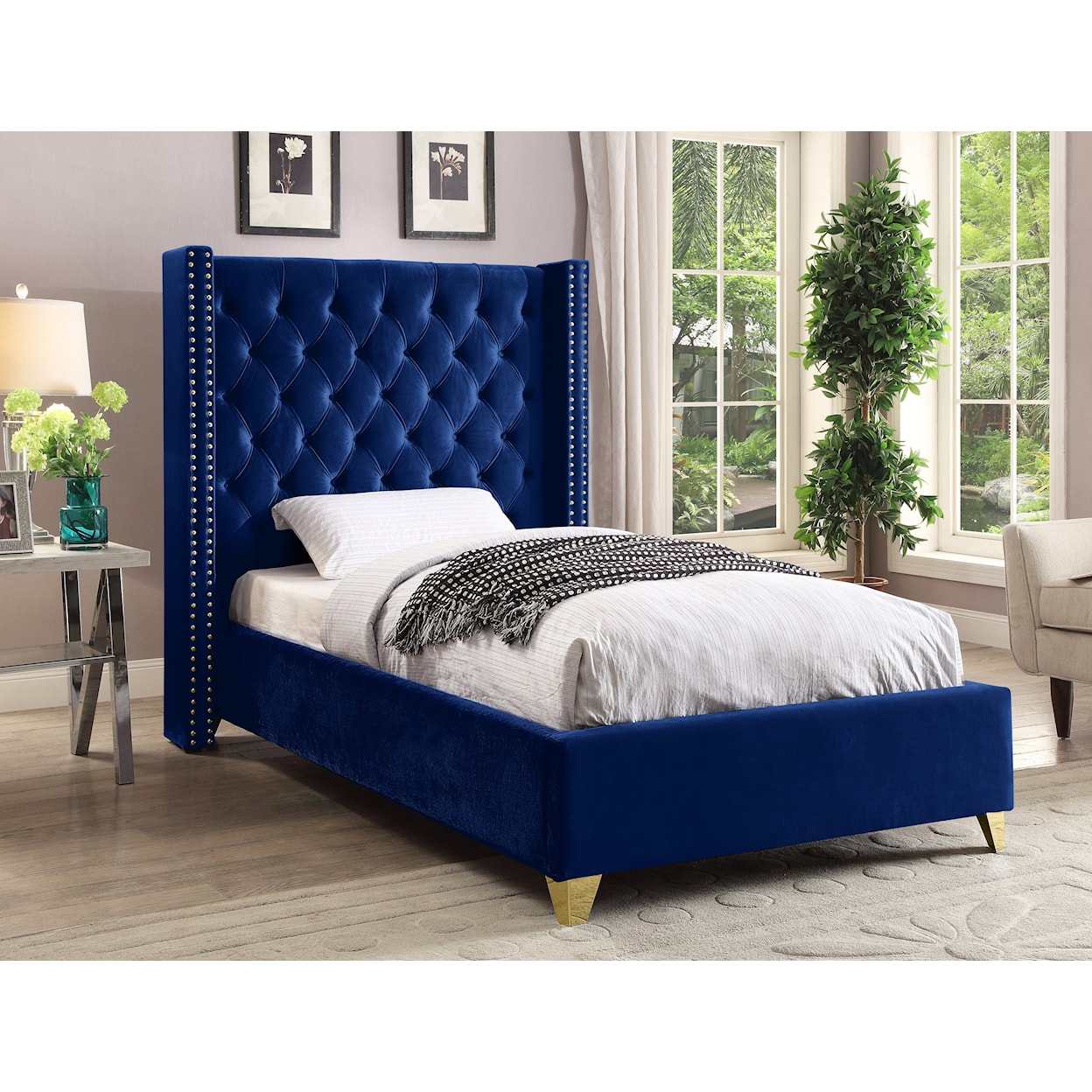 Meridian Furniture Barolo Upholstered Navy Velvet Twin Bed