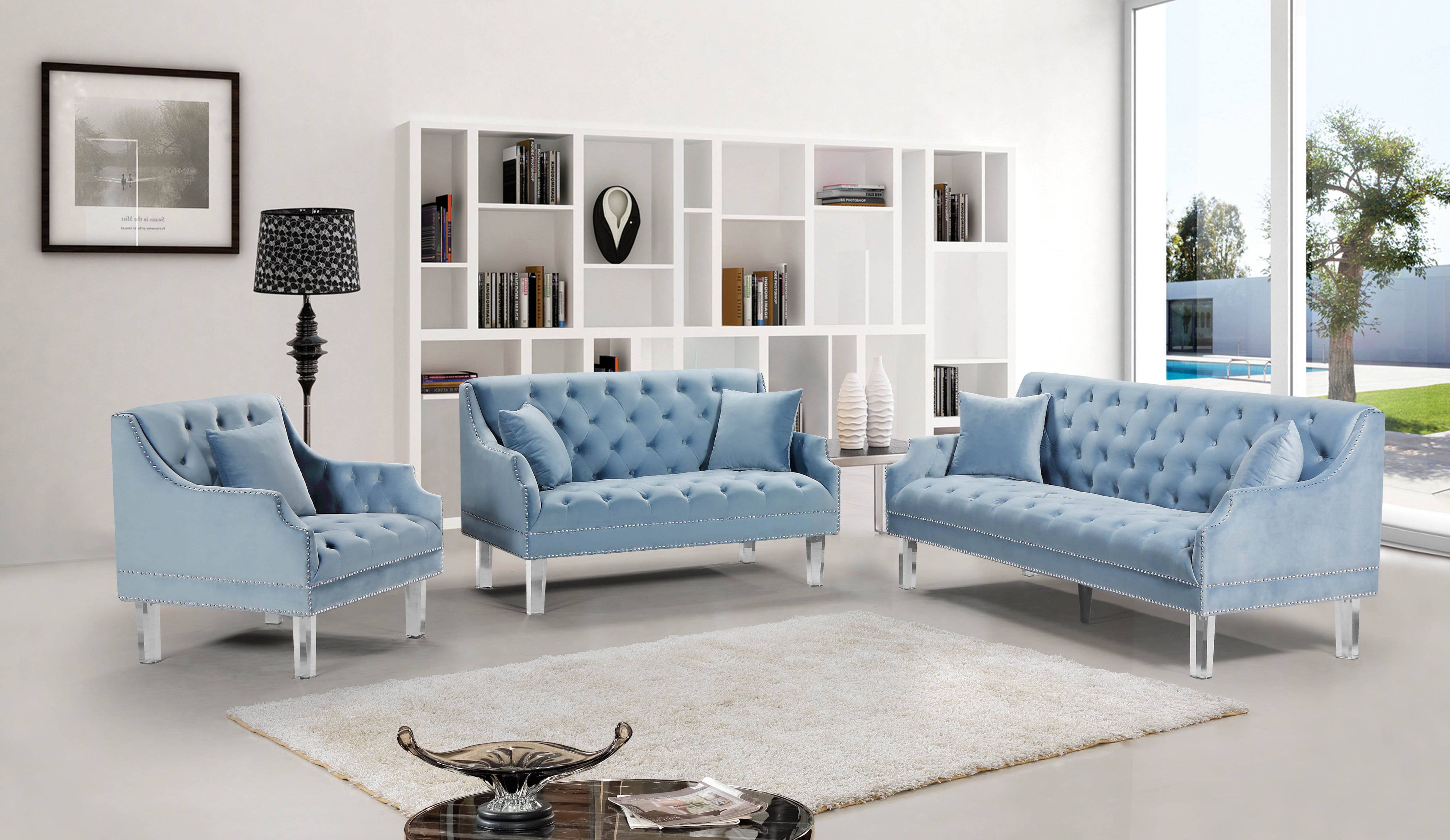 Meridian Furniture Roxy 635SkyBluS Roxy Sky Blue Velvet Sofa Corner