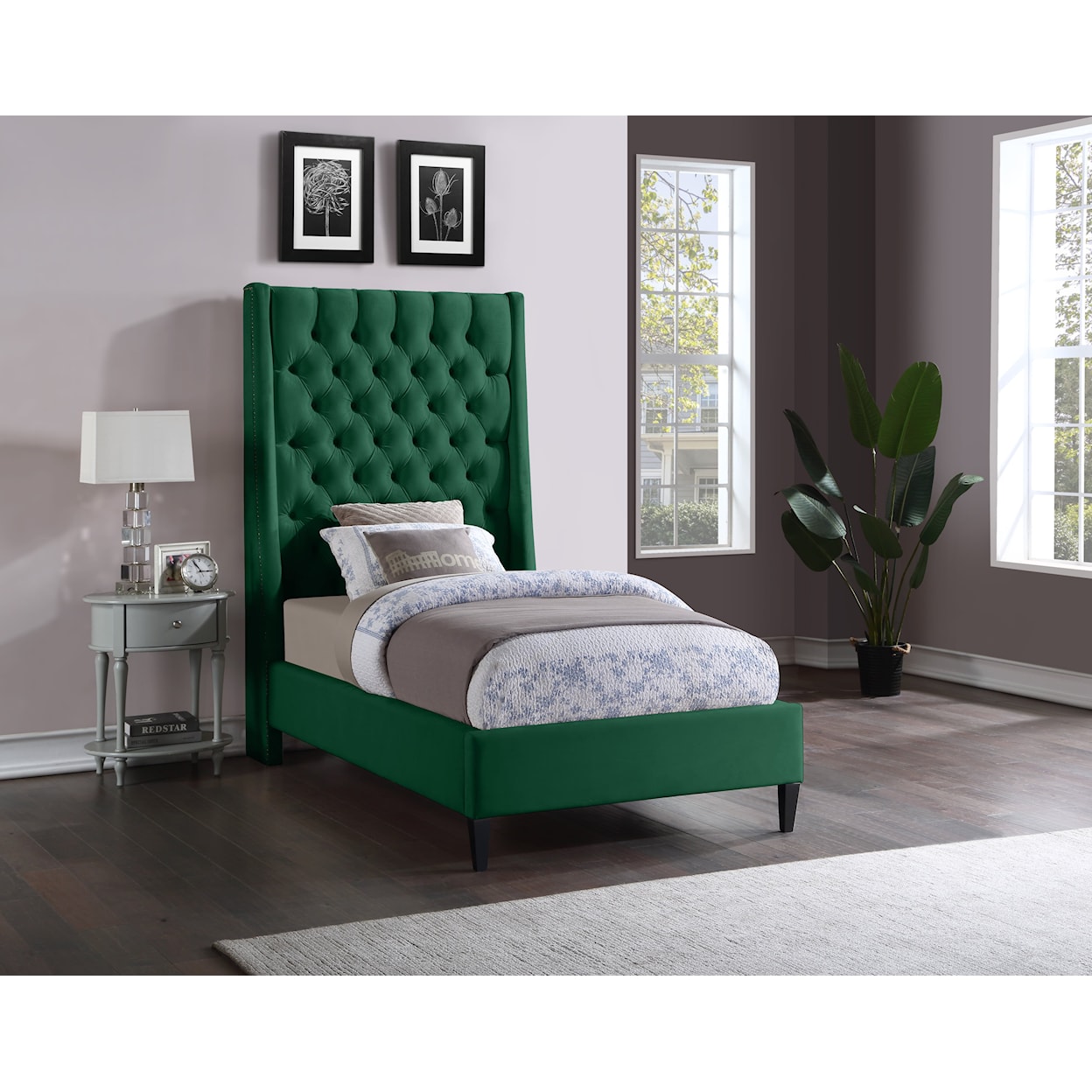 Meridian Furniture Fritz Upholstered Green Velvet Twin Bed 