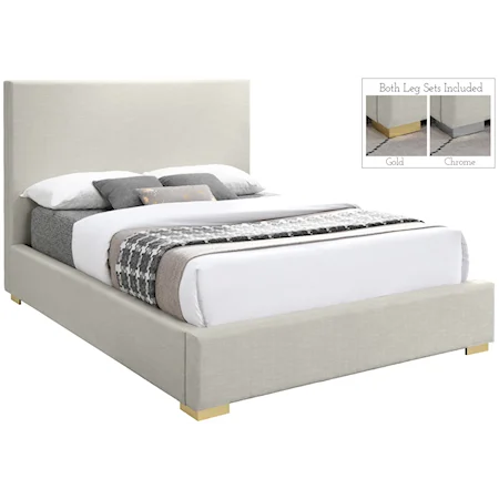 Mid-Century Modern Beige Upholstered Queen Bed