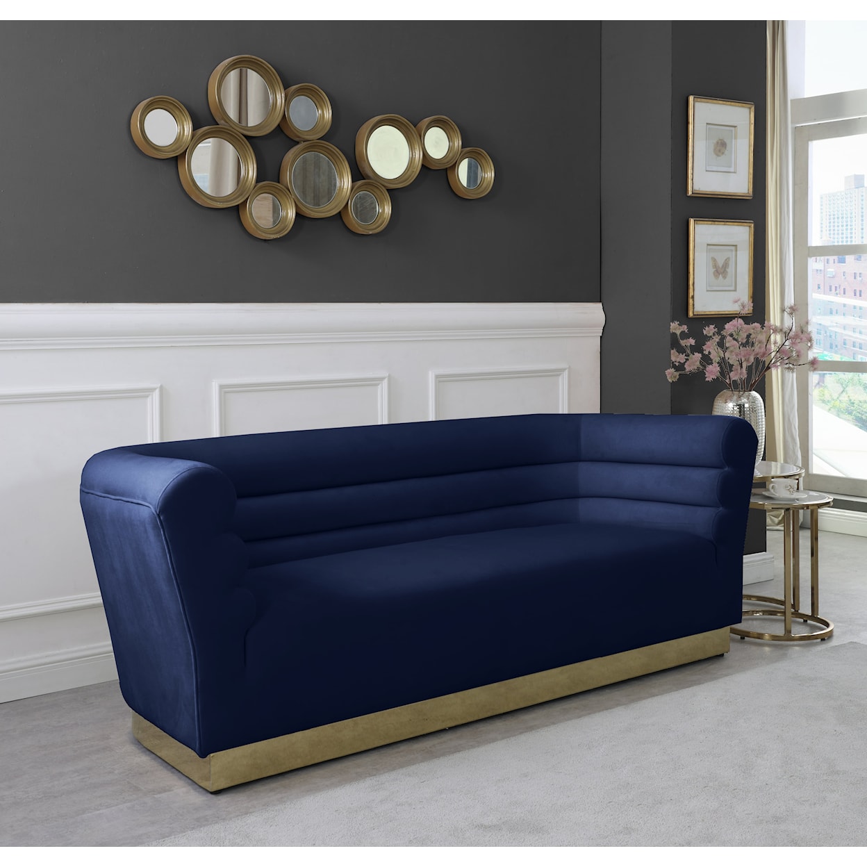 Meridian Furniture Bellini Navy Velvet Sofa with Gold Steel Base