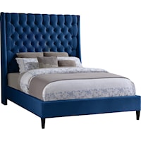 Contemporary Upholstered Navy Velvet King Bed with Tufting