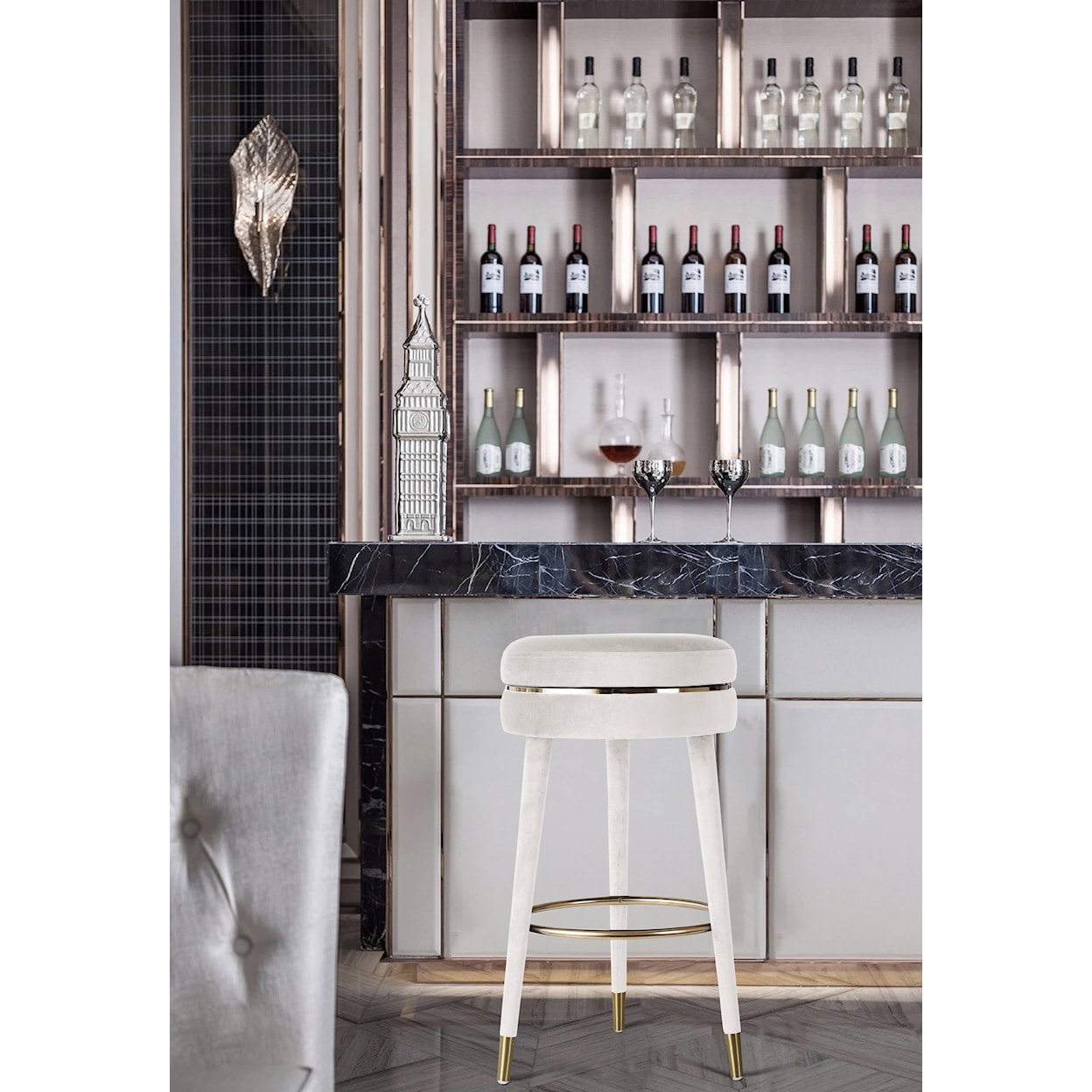 Meridian Furniture Coral Upholstered Velvet Cream Swivel Bar Stool