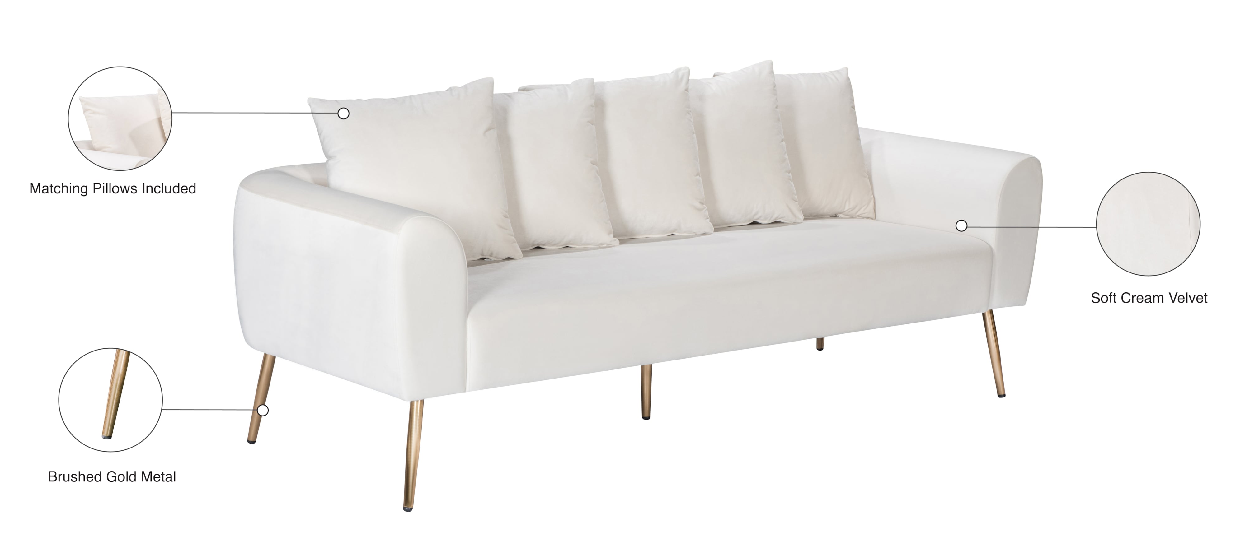 Meridian Furniture Quinn 639CreamS Quinn Cream Velvet Sofa Corner