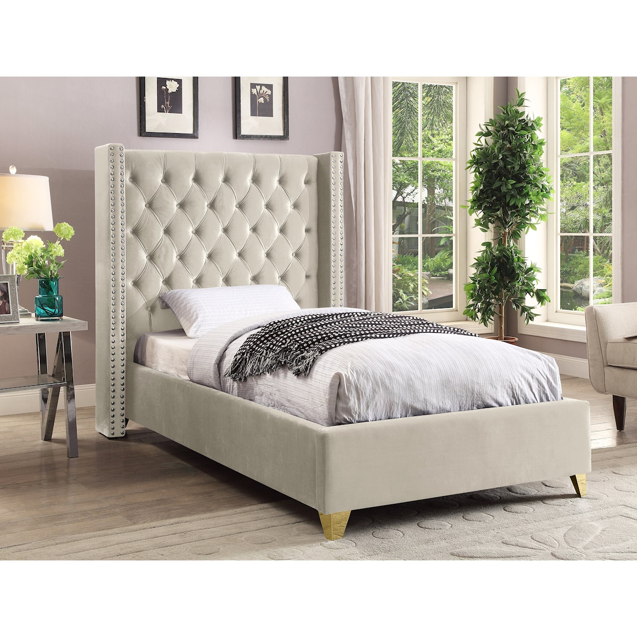 Meridian Furniture Barolo Upholstered Cream Velvet Twin Bed
