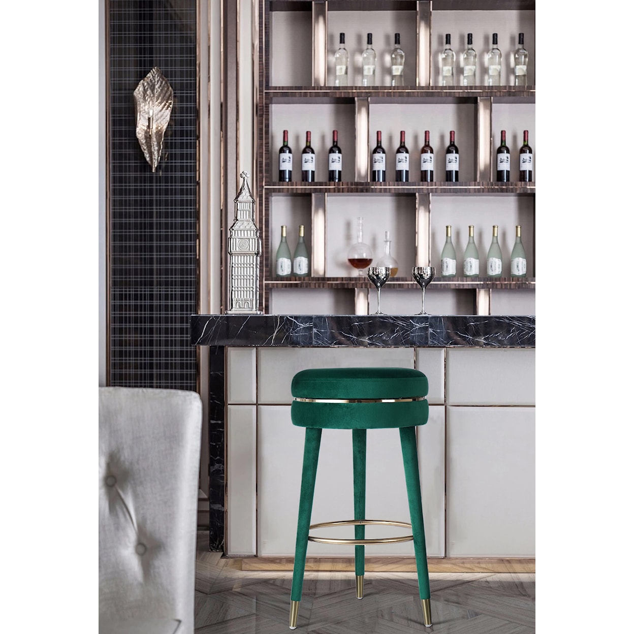 Meridian Furniture Coral Upholstered Green Velvet Swivel Bar Stool