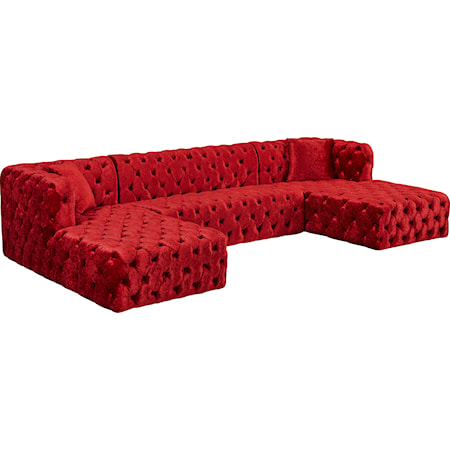 3-Piece Red Velvet Sectional Sofa with Tufting