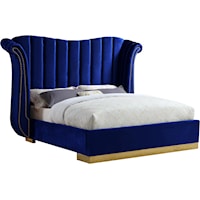 Contemporary Upholstered Navy Velvet King Bed with Channel-Tufting