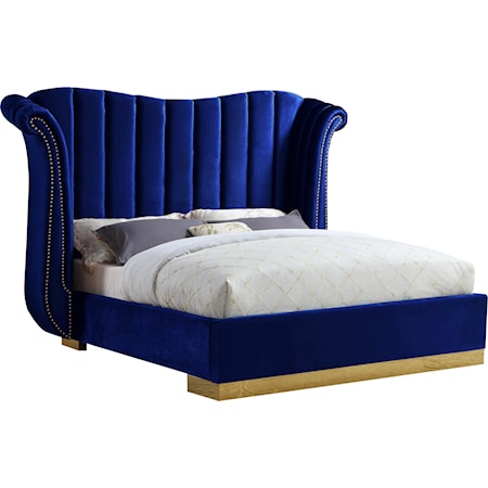 Contemporary Upholstered Navy Velvet Queen Bed with Channel-Tufting