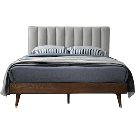 Mid-Century Modern Queen Panel Bed with Upholstered Headboard and Channel Tufting