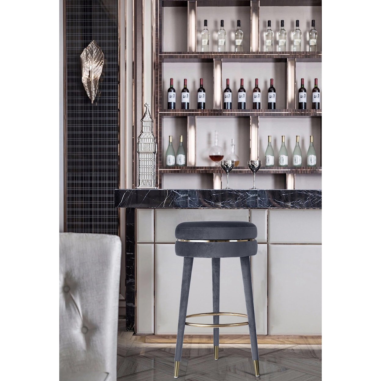 Meridian Furniture Coral Upholstered Grey Velvet Swivel Bar Stool