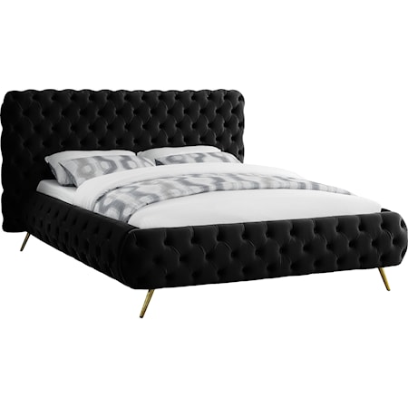 Contemporary Upholstered Black Velvet King Bed with Tufting