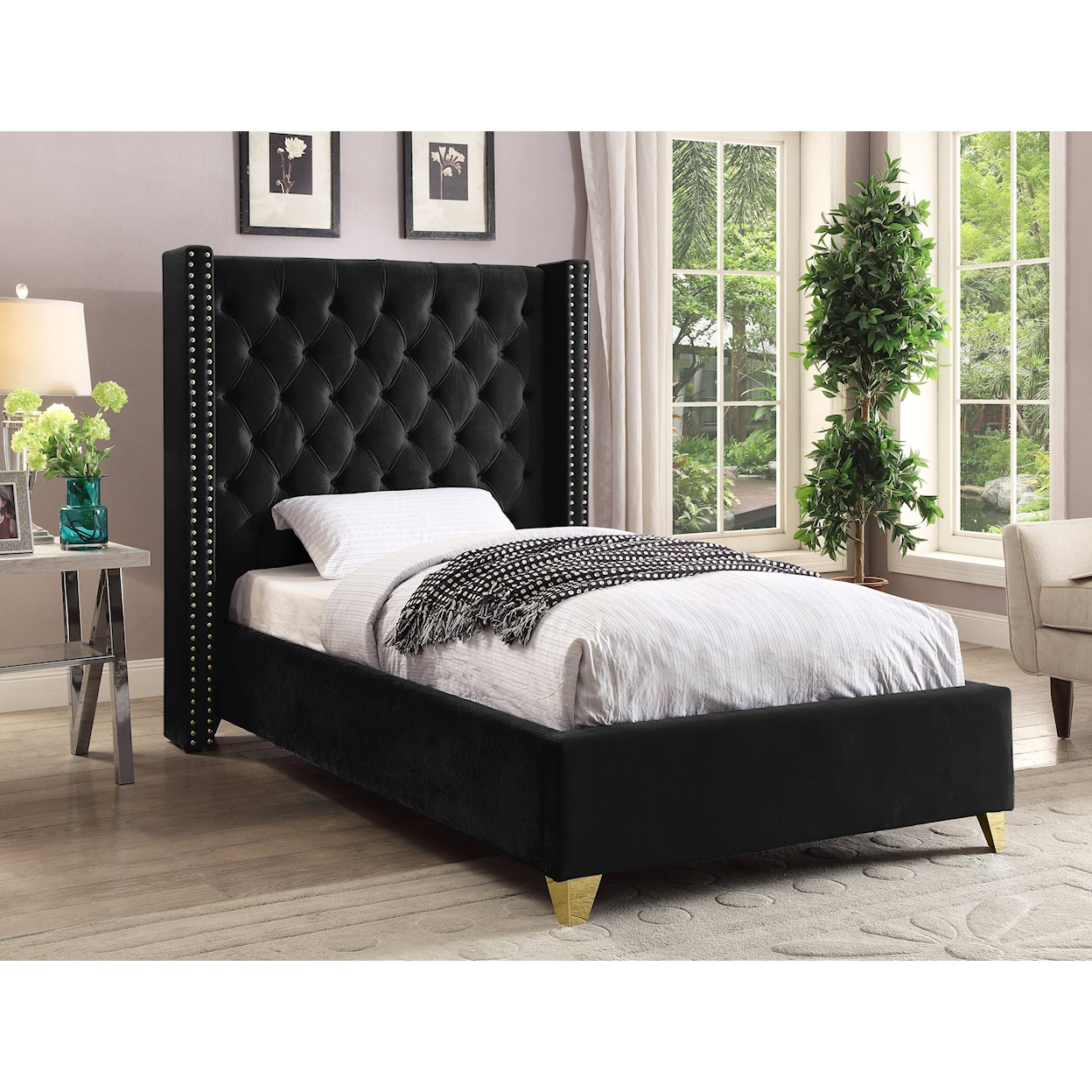 Meridian Furniture Barolo Upholstered Black Velvet Twin Bed