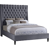 Contemporary Upholstered Grey Velvet King Bed with Tufting