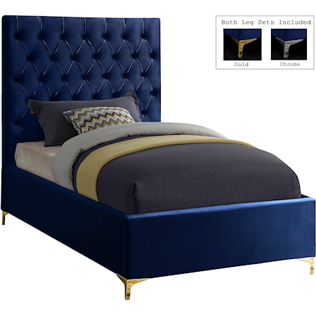 Contemporary Navy Velvet Upholstered Twin Bed with Tufted Headboard