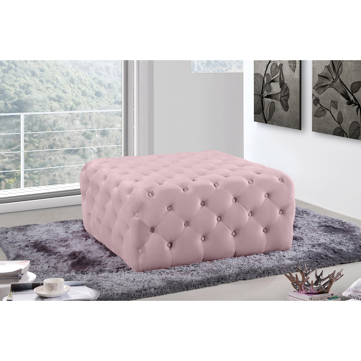 Meridian Furniture Ariel Pink Velvet Accent Ottoman with Tufting
