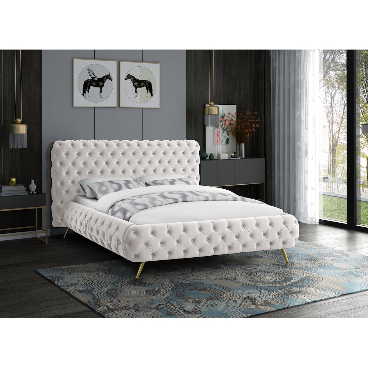 Meridian Furniture Delano Upholstered Cream Velvet Queen Bed