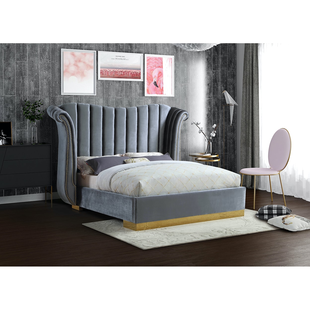 Meridian Furniture Flora Upholstered Grey Velvet Queen Bed 