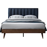 Mid-Century Modern King Panel Bed with Upholstered Headboard and Channel Tufting