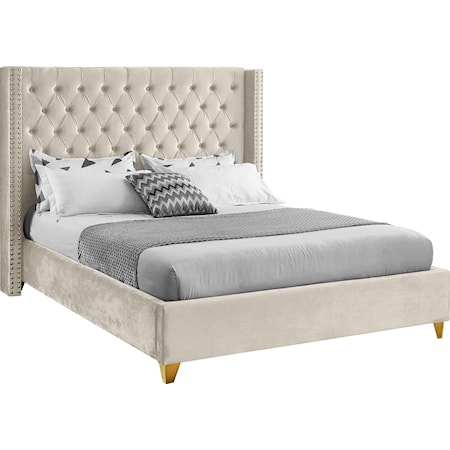 Upholstered Cream Velvet Queen Bed