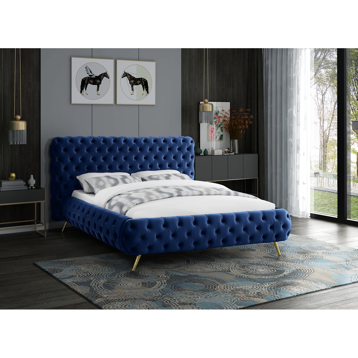 Meridian Furniture Delano Upholstered Navy Velvet King Bed