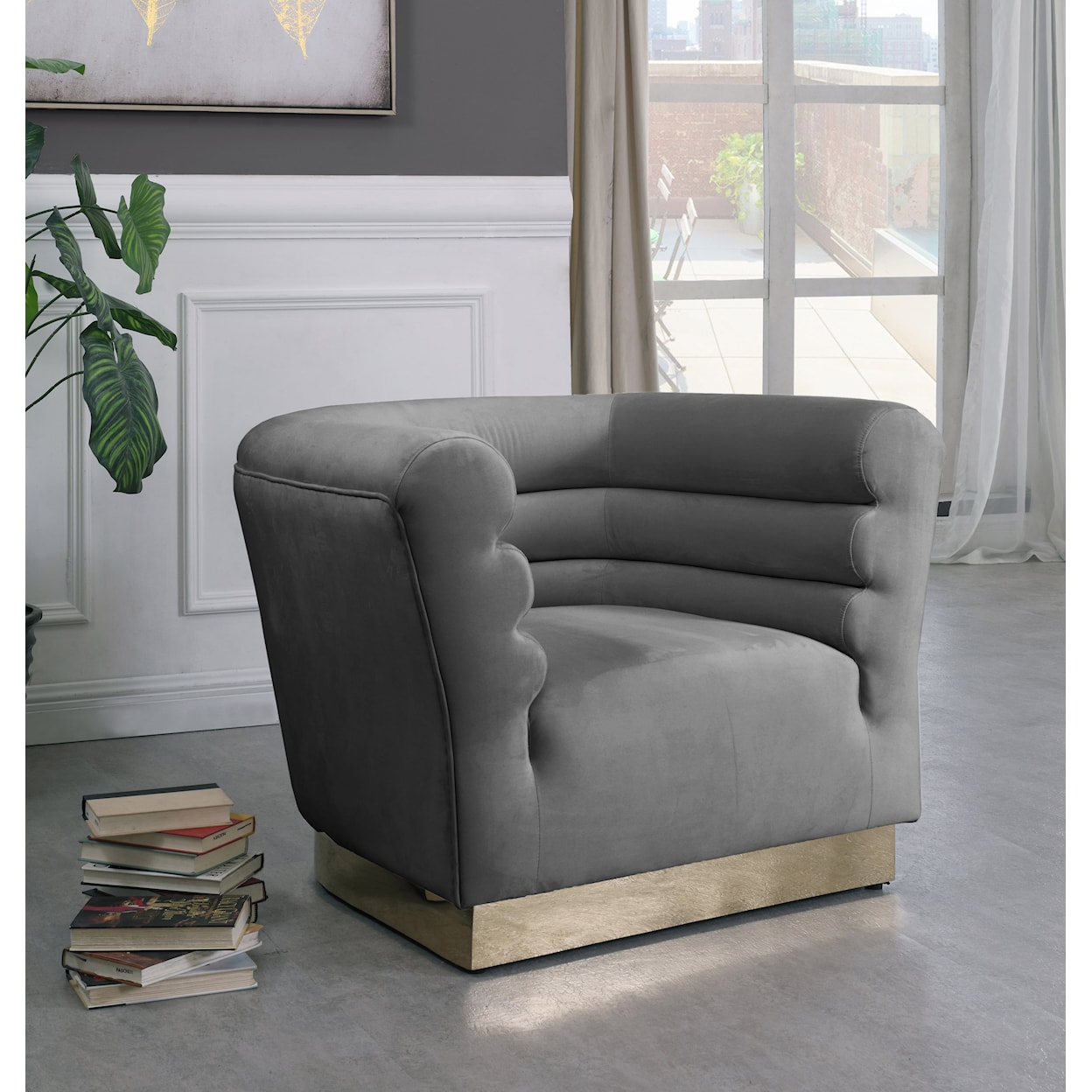 Meridian Furniture Bellini Grey Velvet Accent Chair with Gold Base