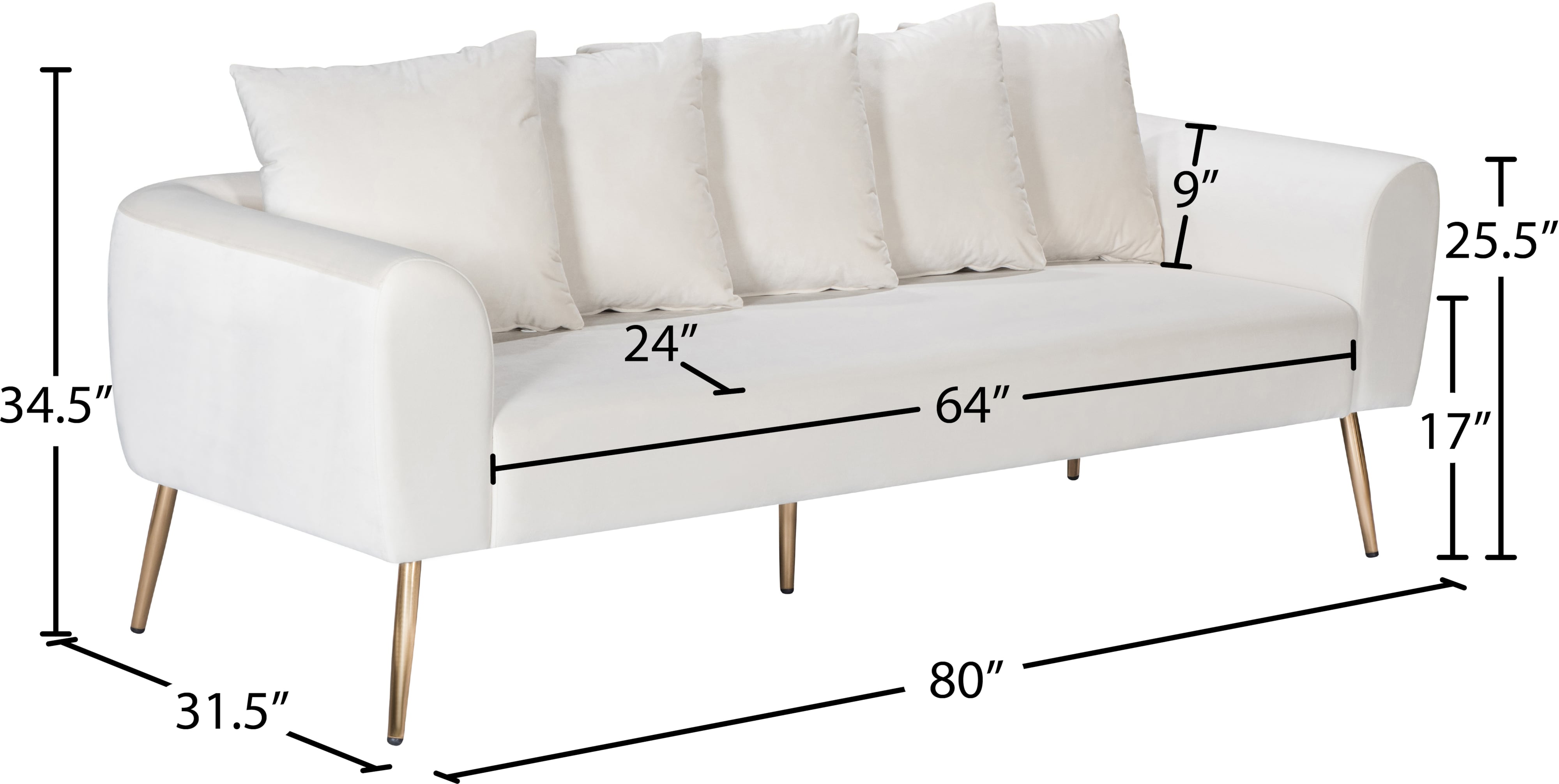Meridian Furniture Quinn 639CreamS Quinn Cream Velvet Sofa Corner