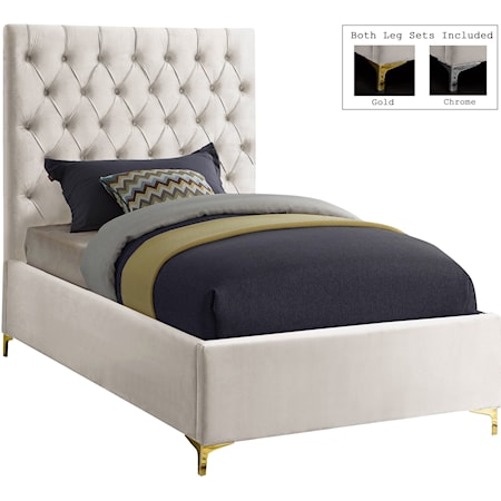 Contemporary Cream Velvet Upholstered Twin Bed with Tufted Headboard