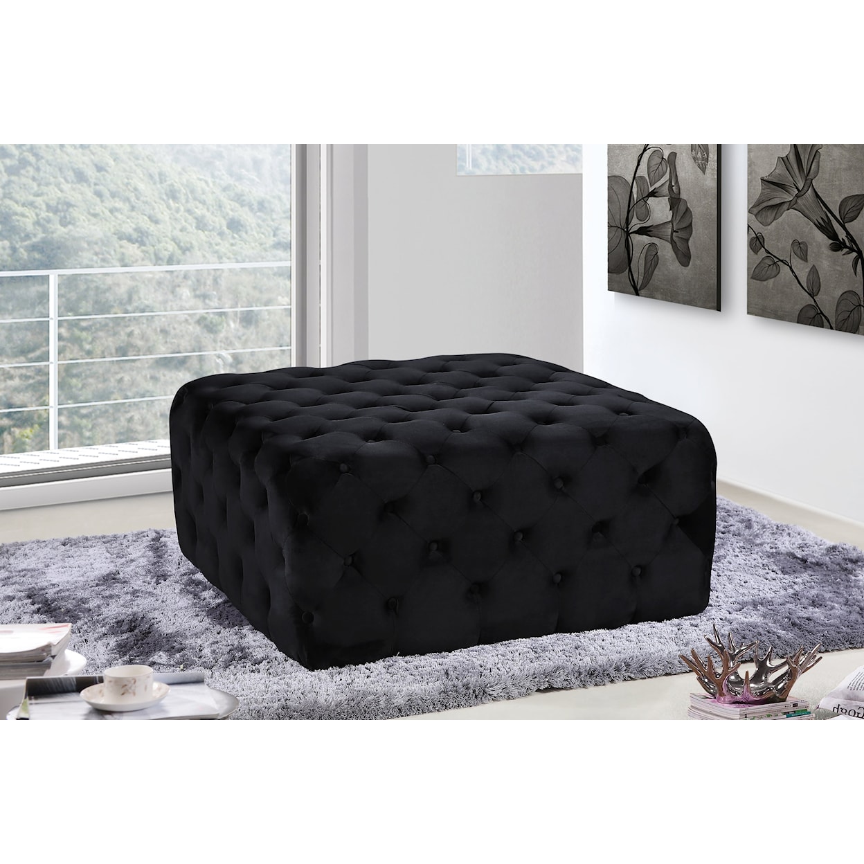 Meridian Furniture Ariel Black Velvet Accent Ottoman with Tufting