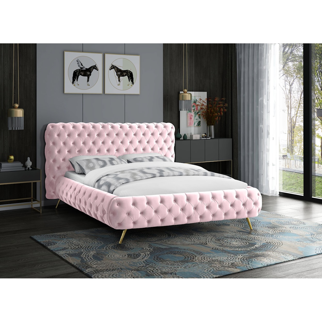 Meridian Furniture Delano Upholstered Pink Velvet Queen Bed